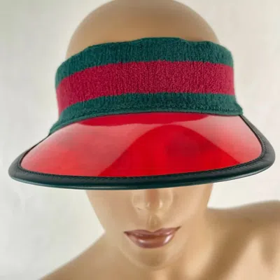 Gucci Unisex Red Vinyl Visor Hat W/green Red Banded Headband (57 Cm / S) In Red