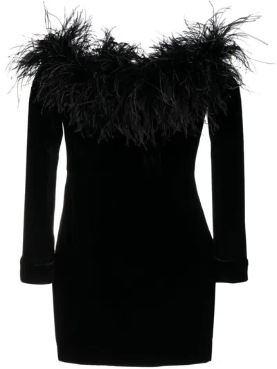 Alessandra Rich Feathered Off-the-shoulder Velvet Dress In Black