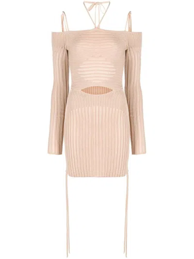 Andreädamo Andreādamo Knit Ribbed Mini Dress In Beige