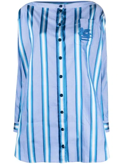Etro Off-the-shoulder Embroidered Striped Cotton And Silk-blend Mini Shirt Dress In Clear Blue