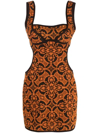 Marine Serre Geometric Pattern Embroidered Squaredneck Mini Dress In Red
