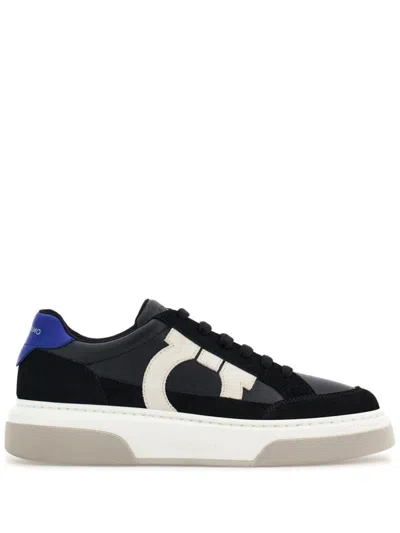 Ferragamo Black Low Cut Gancini Outline Sneakers In Black