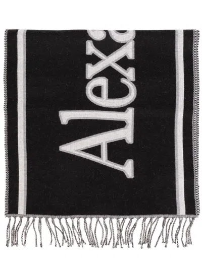 Alexander Mcqueen Black Wool Wraparound Logo Scarf