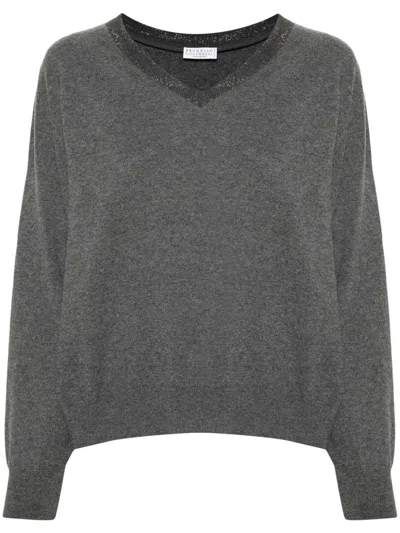 Brunello Cucinelli Knitted Cashmere V-neck Sweater With Ribbed Cuffs