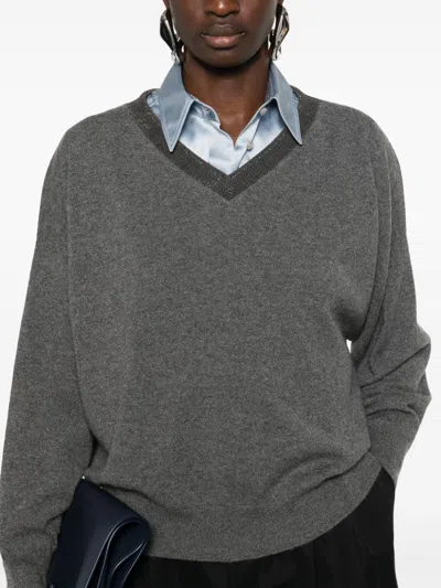 Brunello Cucinelli Knitted Cashmere V-neck Sweater With Ribbed Cuffs