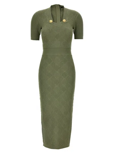 Balmain Gingham Knitted Midi Dress In Green