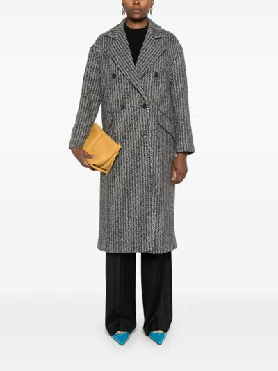 Twinset Twin-set Black And White Herringbone Coat