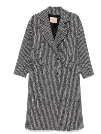 Twinset Twin-set Black And White Herringbone Coat