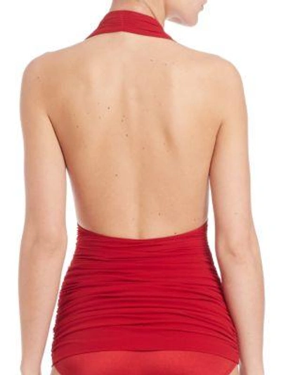 Shop Norma Kamali Ruched Halter Swimsuit Top In Red