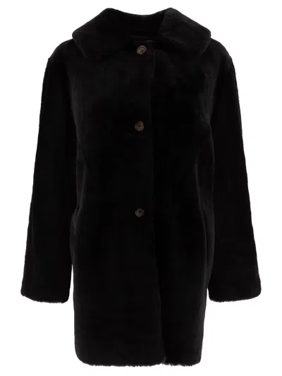 B&w Reversibile Shearling Coat In Black