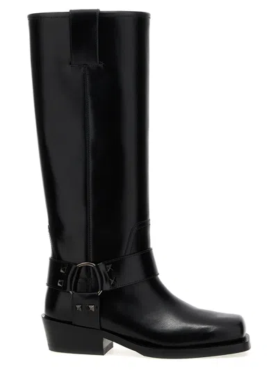 Valentino Rockstud Biker Knee-high Leather Boots In Black