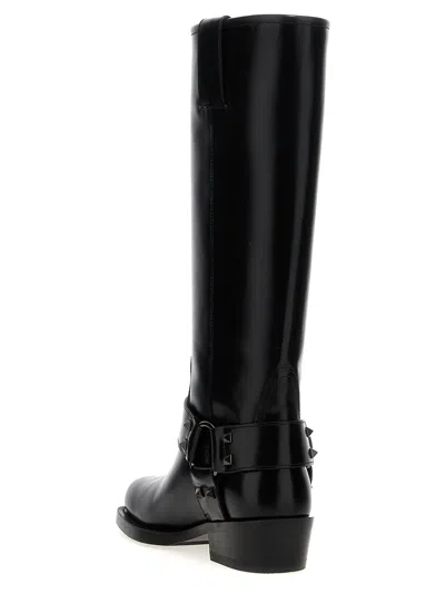 Valentino Rockstud Biker Knee-high Leather Boots In Black