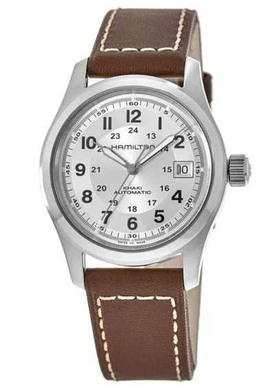 Hamilton Khaki Field Auto 38mm Silver Dial Leather Strap Men's Watch H70455553 In Silver