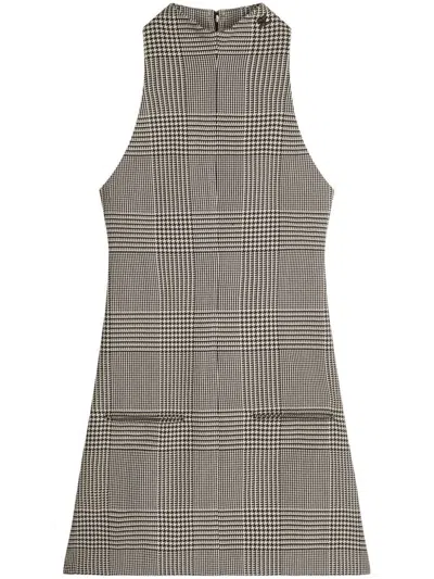 Courrèges Sleeveless High Neckline Checkered A-line Dress In Sand/mud Brown