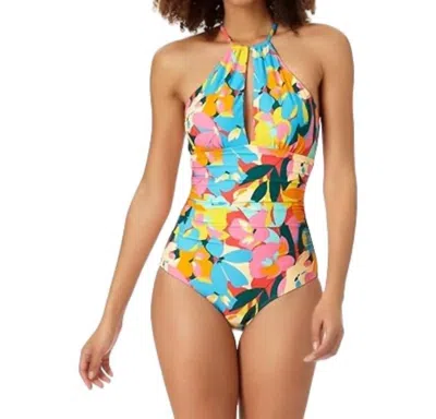 Anne Cole High Neck Ruffle Straps One-piece Swimsuit In Plumeria In Multi