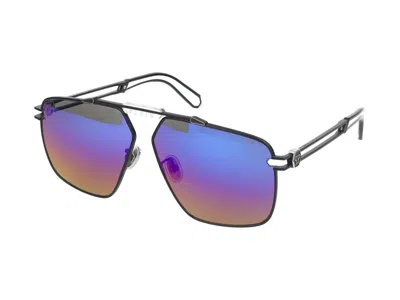 Philipp Plein Aviator-frame Titanium Sunglasses In Black Semi-glossy W/parts Palladium Polished