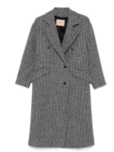 Twinset Twin-set Black And White Herringbone Coat In Neve/nero