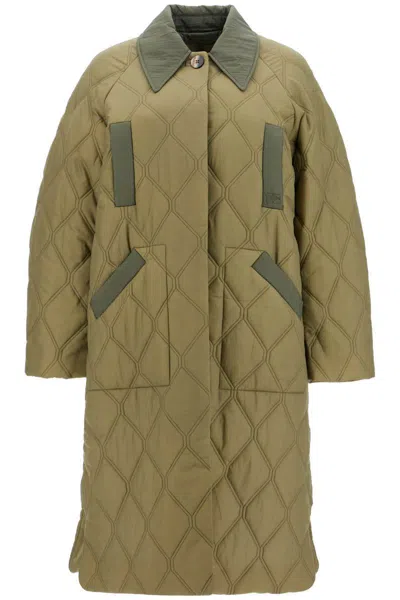 Shop Ganni Long Quilted Padded Coat In Brown