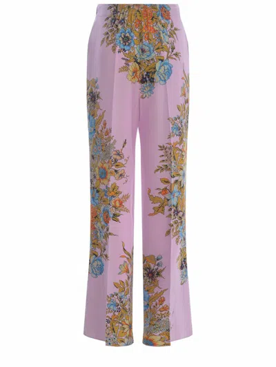 Etro Floral High-rise Silk Wide-leg Pants In Pink