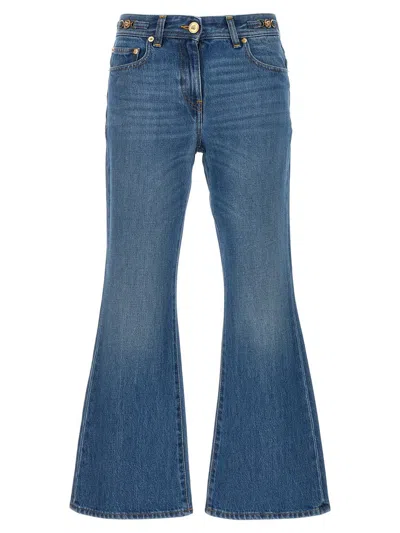 Versace Cotton Bootcut Denims With Logoed Morsets 32cm In Blue