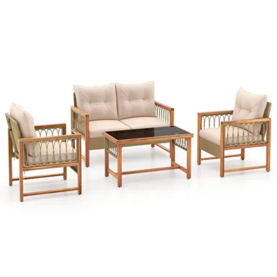 Hivvago 4 Pieces Outdoor Patio Pe Wicker Conversation Bistro Set With Acacia Wood Frame-brown