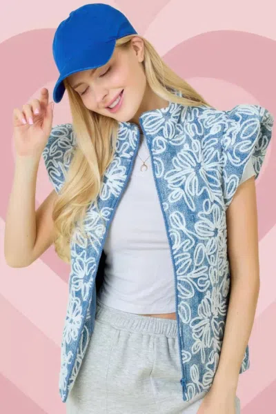 Fashnzfab Floral Velvet Embroidered Denim Puffer Vest In Multi