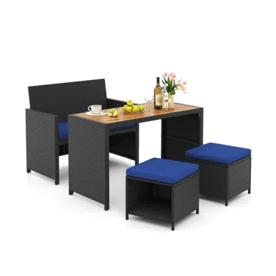 Hivvago 4 Piece Outdoor Dining Set With Wood Topped Dining Table Rattan Loveseat Chair And 2 Ottomans-navy