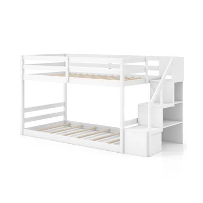 Hivvago Twin Over Twin Low Bunk Bed With Storage Stairs Solid Wood Floor Bunk Bed Frame-white