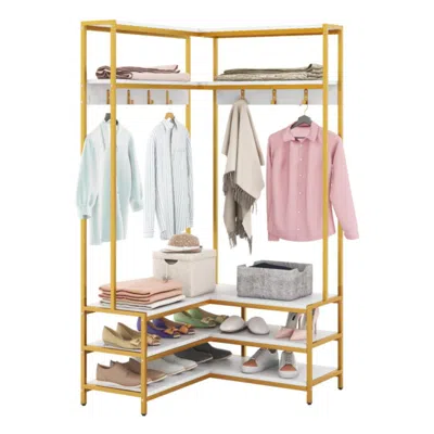 Hivvago Corner Garment Rack With Open Shelves And 7 Hooks Shoe Bench-white