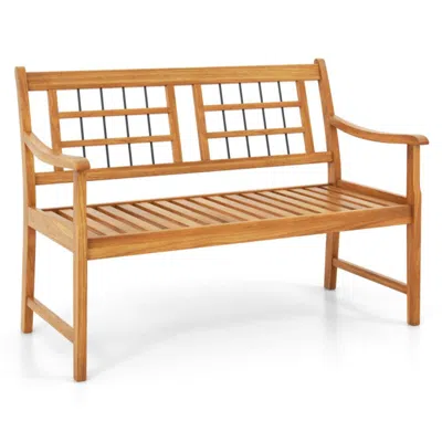 Hivvago Patio Acacia Wood Bench With Curved Armrests Slatted Seat And Backrest