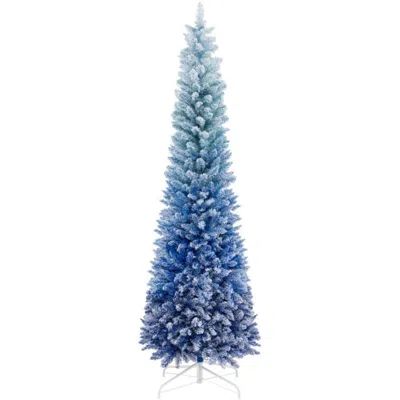 Hivvago 7 Feet Blue Gradient Snow Flocked Artificial Christmas Tree-blue