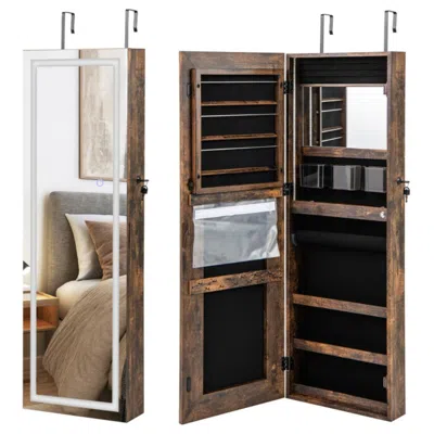 Hivvago 42.5 Inches Lockable Jewelry Mirror Wall Cabinet With 3-color Led Lights-rustic Brown