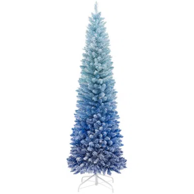 Hivvago 6 Feet Blue Gradient Snow Flocked Artificial Christmas Tree-blue