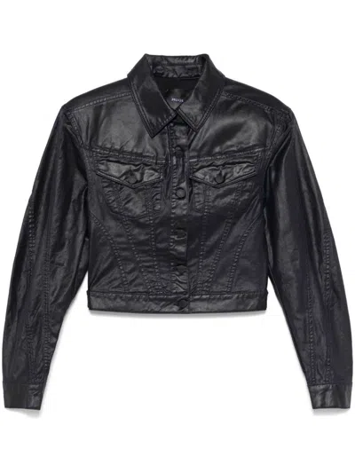 Mugler Blue Wax-effect Jacket In Midnight Blue/black