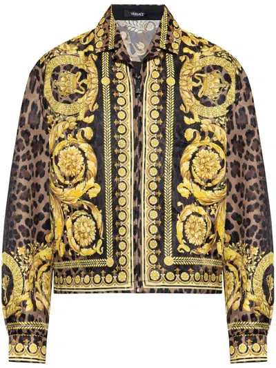 Versace Collar Straight Hem Leopard Print Blazer In Chestnut/gold