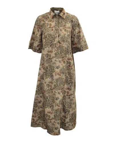 Ganni Floral Print Poplin Maxi Dress In Brown Cotton In Brown