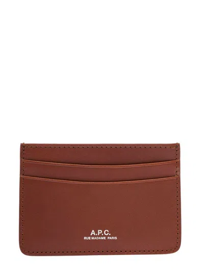 Apc Brown Card-holder With Logo Print In Leather Man In Brown