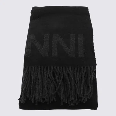 Ganni Black Wool Fringed Scarf In Black