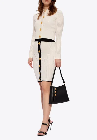 Balmain Buttoned-embellished Crewneck Cardigan In White