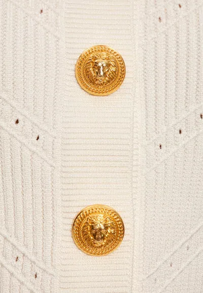 Balmain Buttoned-embellished Crewneck Cardigan In White