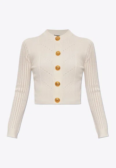 Balmain Buttoned-embellished Crewneck Cardigan In White