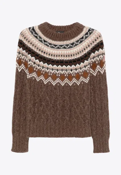 Moncler Cable Knit Jacquard Sweater In Brown