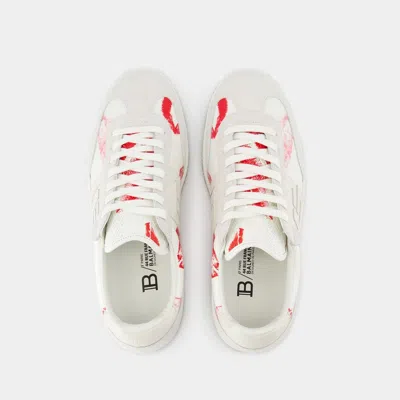 Balmain Swan Sneakers In Leather And Suede Color White And Red