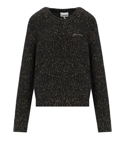 Ganni Embroidered-logo Speckled Sweater In Black
