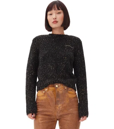 Ganni Embroidered-logo Speckled Sweater In Black