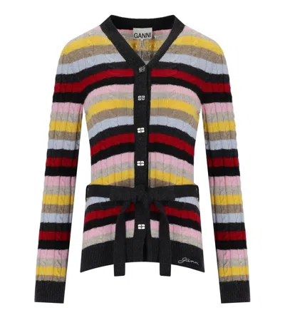 Ganni Multicoloured Striped Cardigan With Belt In Red