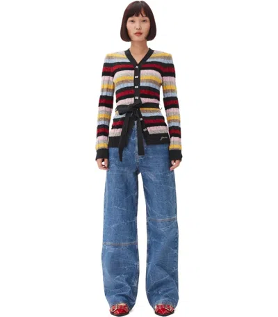 Ganni Multicoloured Striped Cardigan With Belt In Red