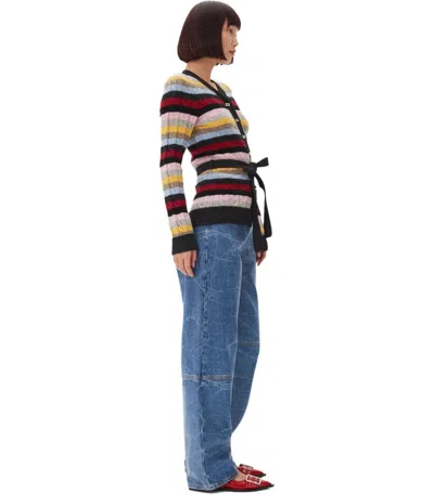 Ganni Multicoloured Striped Cardigan With Belt In Red