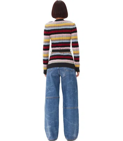 Ganni Multicoloured Striped Cardigan With Belt In Red