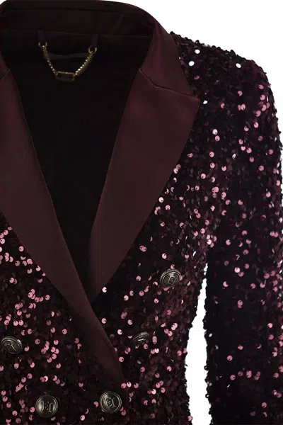 Elisabetta Franchi Double-breasted Jacket In Chenille Embroidered With Sequins